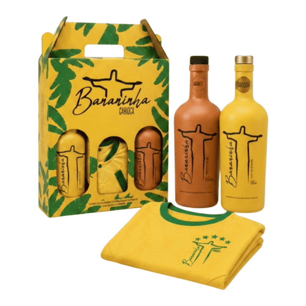 Kit da Copa com 2 Licores Bananinha Carioca 750ml + Camiseta Feminina Retrô